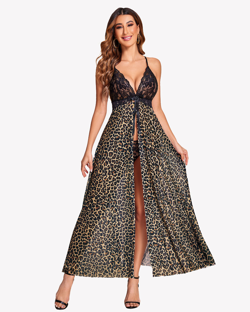 Leopard print maxi dress with lace-trim plunge neckline and long high slit front