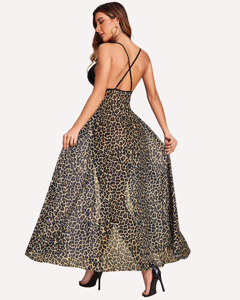 Back view lace high-slit gown dress with leopard print skirt and cross-back straps