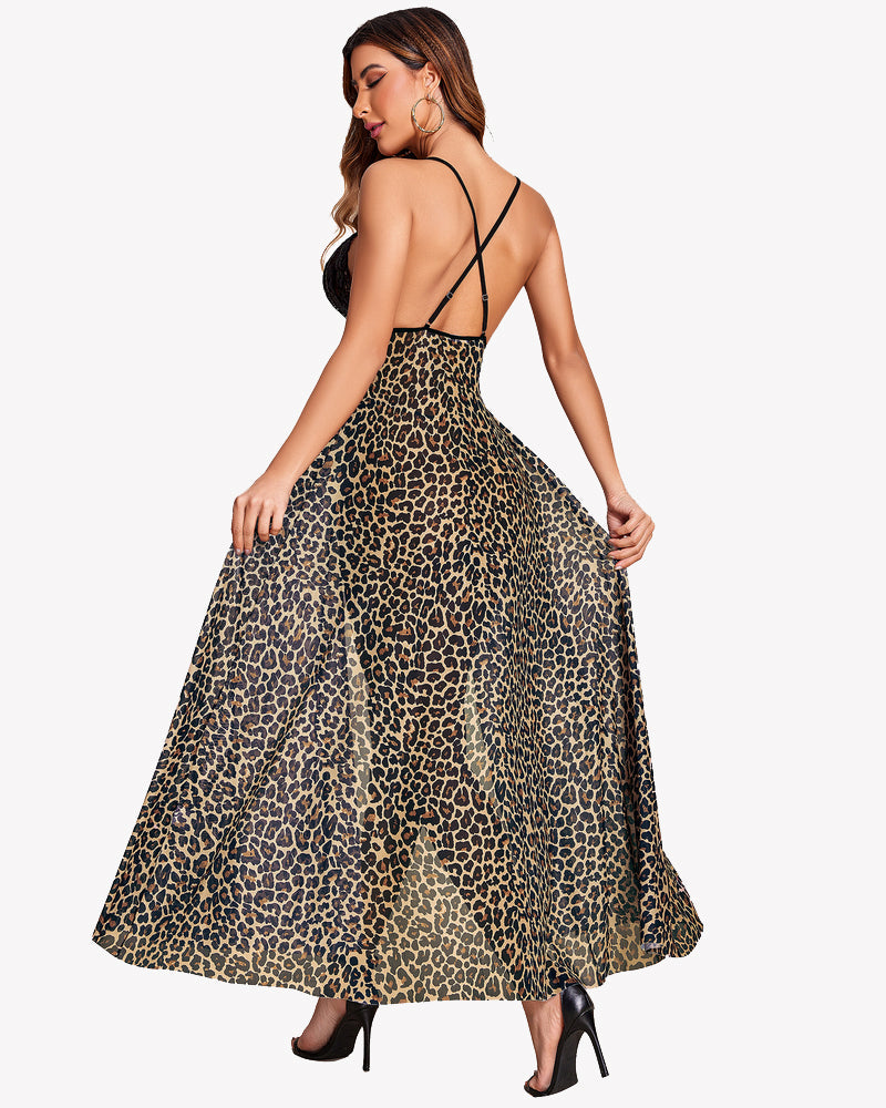 Leopard print maxi gown with crisscross back straps and flowing skirt