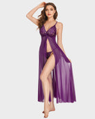 Purple sheer long babydoll gown with lace bust, high split hem, and adjustable spaghetti straps