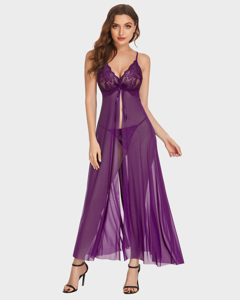 Purple sheer lace high-slit maxi gown with lace bra cups and thin spaghetti straps