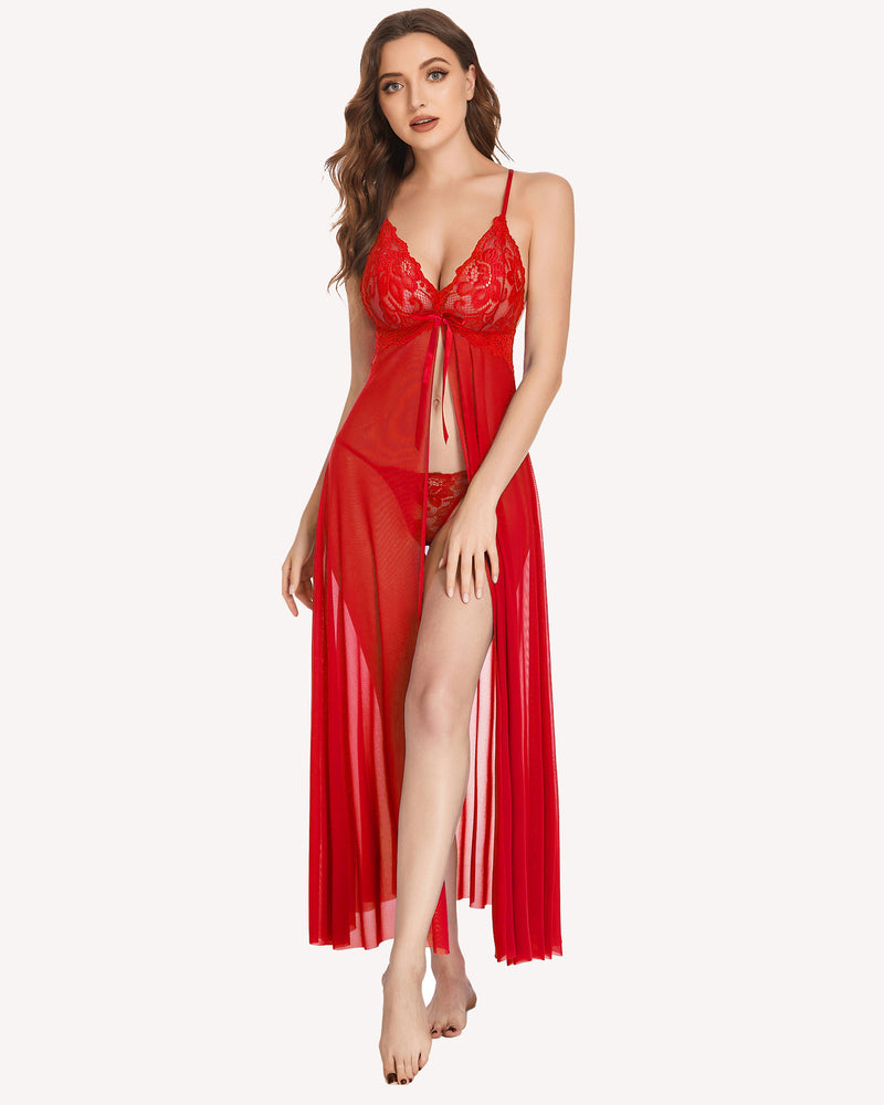 High-split long lingerie gown in red, lace cups, thigh-high side slit, flowing sheer skirt