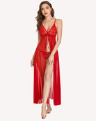 High-split long lingerie gown in red, lace cups, thigh-high side slit, flowing sheer skirt