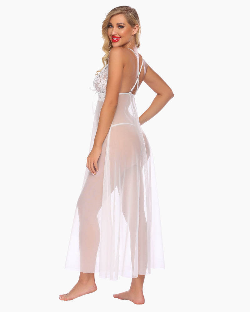 White high-split long lingerie gown with lace cups and crisscross back straps, sheer skirt.