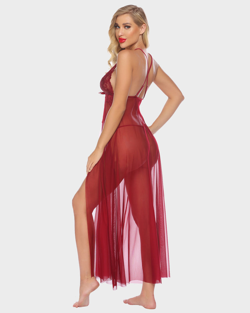 Wine-red high-split maxi gown dress with lace bodice and sheer mesh skirt