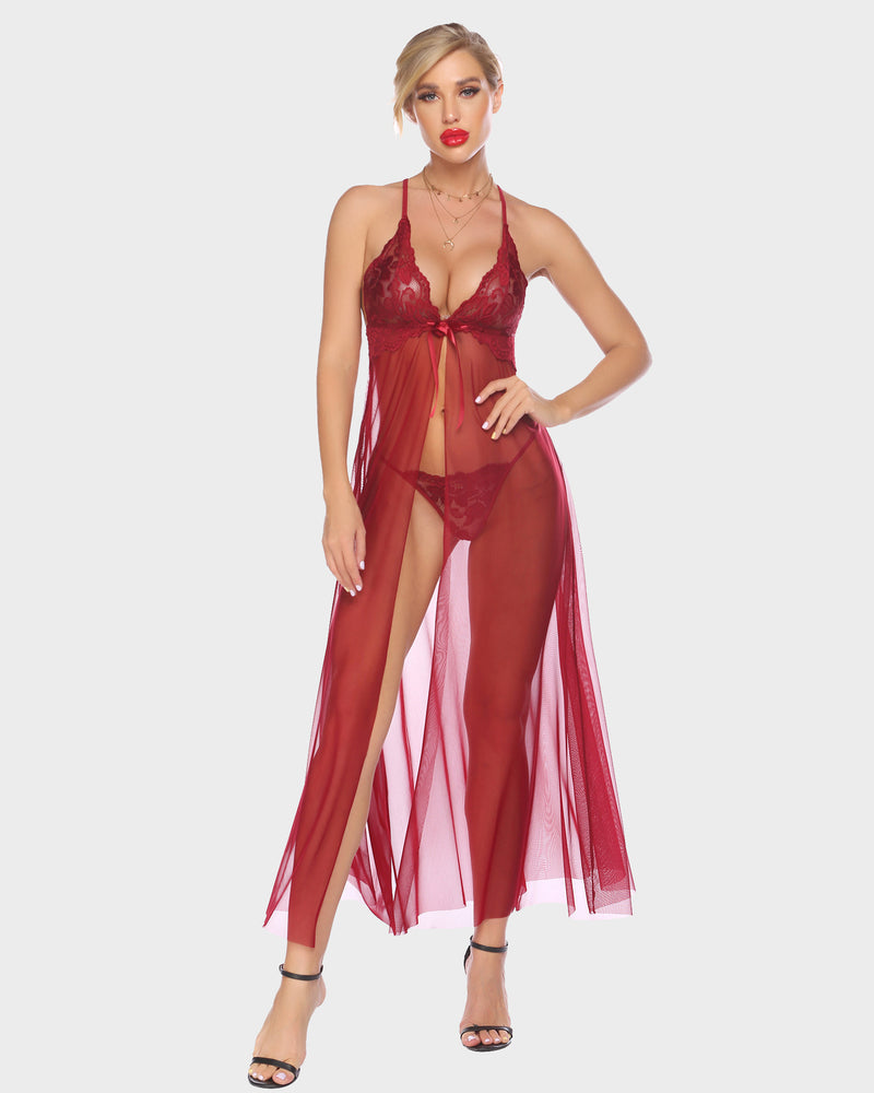 Wine red lace mesh maxi nightdress with V-neck straps and high side split