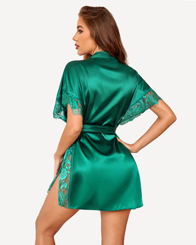 Dark green satin kimono robe with lace-trim sleeves and waist tie