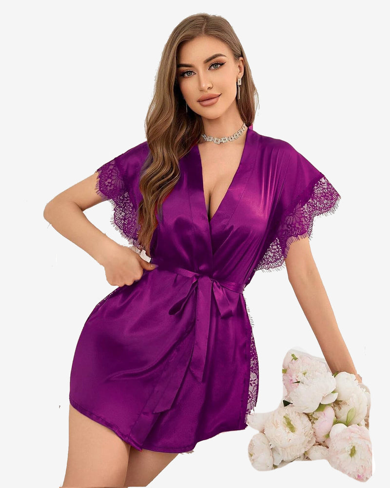 Satin eyelash sleepwear robe in purple with lace-trim sleeves and waist tie