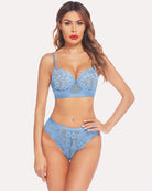 Light blue lace bra and panty set with underwire cups and scalloped lace briefs