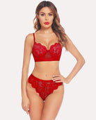 Red lace bra and thong set, underwire cups with scalloped lace panty