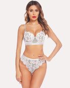 White lace bra and thong set with underwire cups and scalloped lace panty