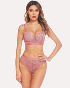 Pink lace bra and thong set with underwire cups and lace-trim panty