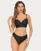 Black lace bra and panty set with underwire cups and scalloped lace briefs