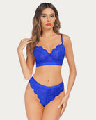 Blue lace bra and panty set with underwire cups and scalloped lace briefs