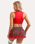 Back view: red tie-front halter top and red plaid pleated mini skirt with lace trim