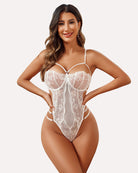 White lace deep V bodysuit with strappy underbust and mesh floral panels
