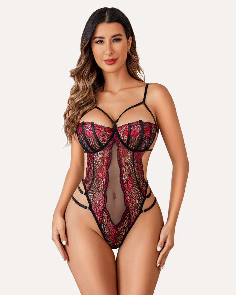 Black and red lace deep V bodysuit with sheer mesh front and underwire cups