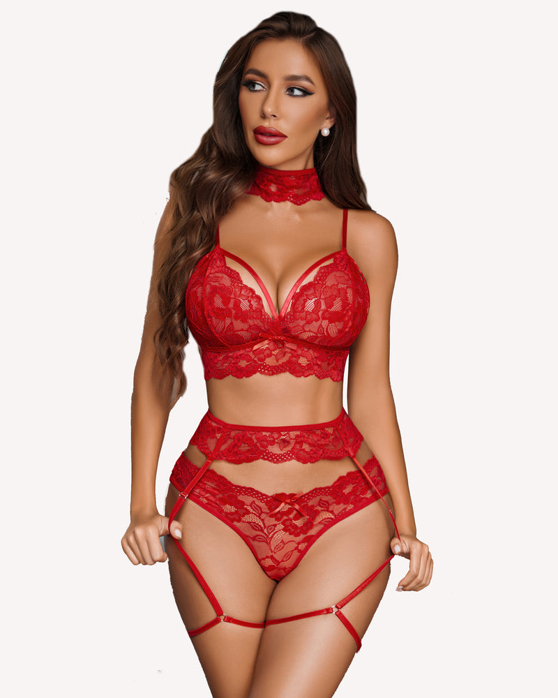 Red lace bralette, matching panty, and garter straps lingerie set