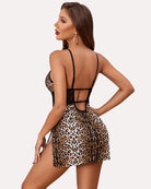 Leopard print lace babydoll nightdress with lace back and side slit, brown and black