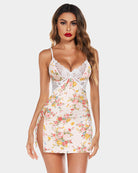 Floral lace babydoll nightdress with spaghetti straps and V-neck, white with multicolor flowers