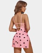 Heart print lace babydoll, open-back straps with back tie detail