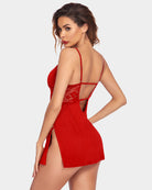 Red lace chemise with open back strap detail and side slit