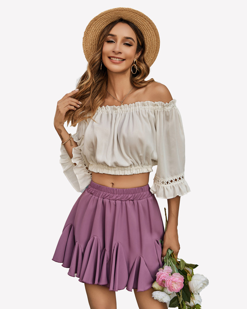Purple pleated skater skirt with elastic waistband and flared ruffle hem