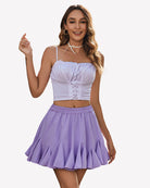 Lilac pleated ruffle flared mini skirt with elastic waistband and gathered pleats.