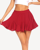 Red pleated ruffle flared mini skirt with elastic waistband