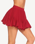 Red pleated ruffle flared mini skirt, gathered elastic waistband