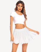 White pleated ruffle flared mini skirt with elastic waistband