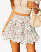 White floral pleated ruffle flared mini skirt with elastic waistband