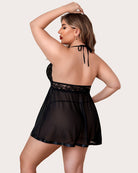 Black sheer lace mesh babydoll, lace back with tie halter straps