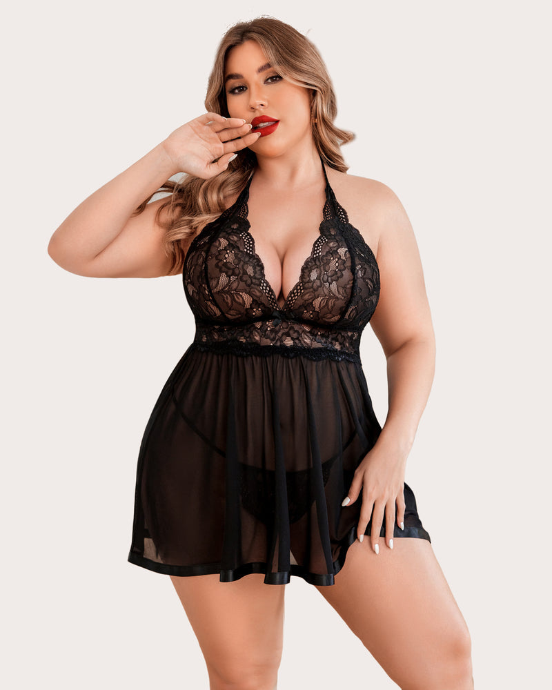 Black sheer lace mesh babydoll with halter neckline and flared skirt