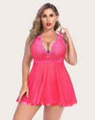 Pink sheer lace mesh babydoll with deep V neckline and flared skirt
