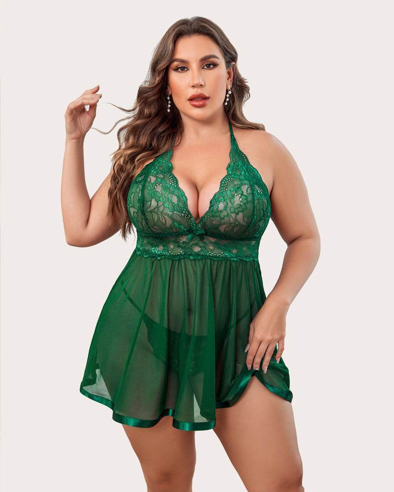 Green sheer lace mesh babydoll with deep V neckline and flared hem