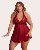 Red sheer lace mesh babydoll with deep V neckline and flared hem