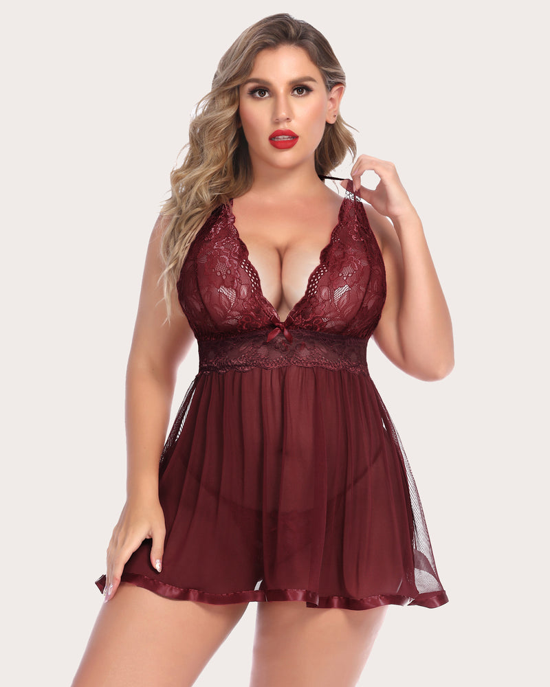 Dark red sheer lace mesh babydoll with deep V neckline and flared skirt