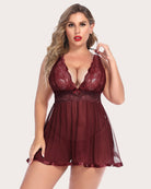 Dark red sheer lace mesh babydoll with deep V neckline and flared skirt
