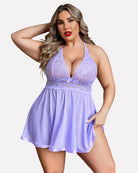 Light purple sheer lace babydoll chemise with lace V-neck and flowy mini skirt