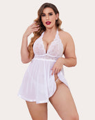 White sheer lace mesh babydoll with deep V neckline and short flared skirt