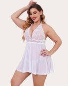 Sheer lace babydoll chemise in white, lace-trim V-neck and flowy mini skirt