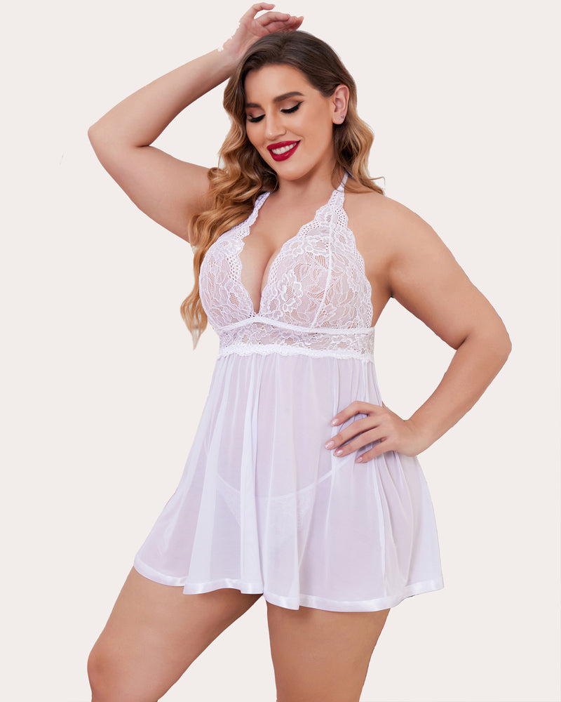 Sheer lace babydoll chemise in white, lace-trim V-neck and flowy mini skirt