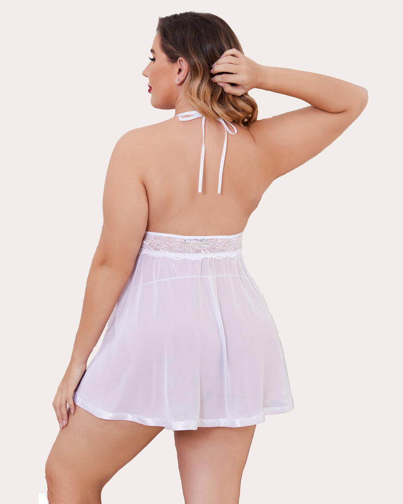 White sheer lace babydoll chemise with open back and thin tie straps