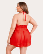 Sheer lace babydoll chemise in red with lace-trim halter straps and short skirt