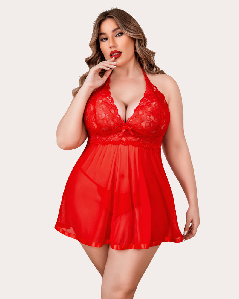Red sheer lace babydoll chemise with lace V-neck, adjustable straps, and mini skirt