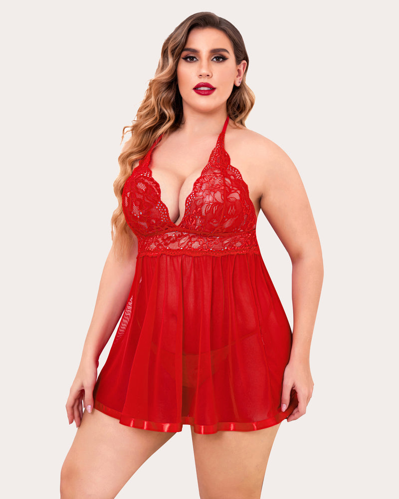 Red lace babydoll chemise with deep V lace bodice and sheer pleated mini skirt
