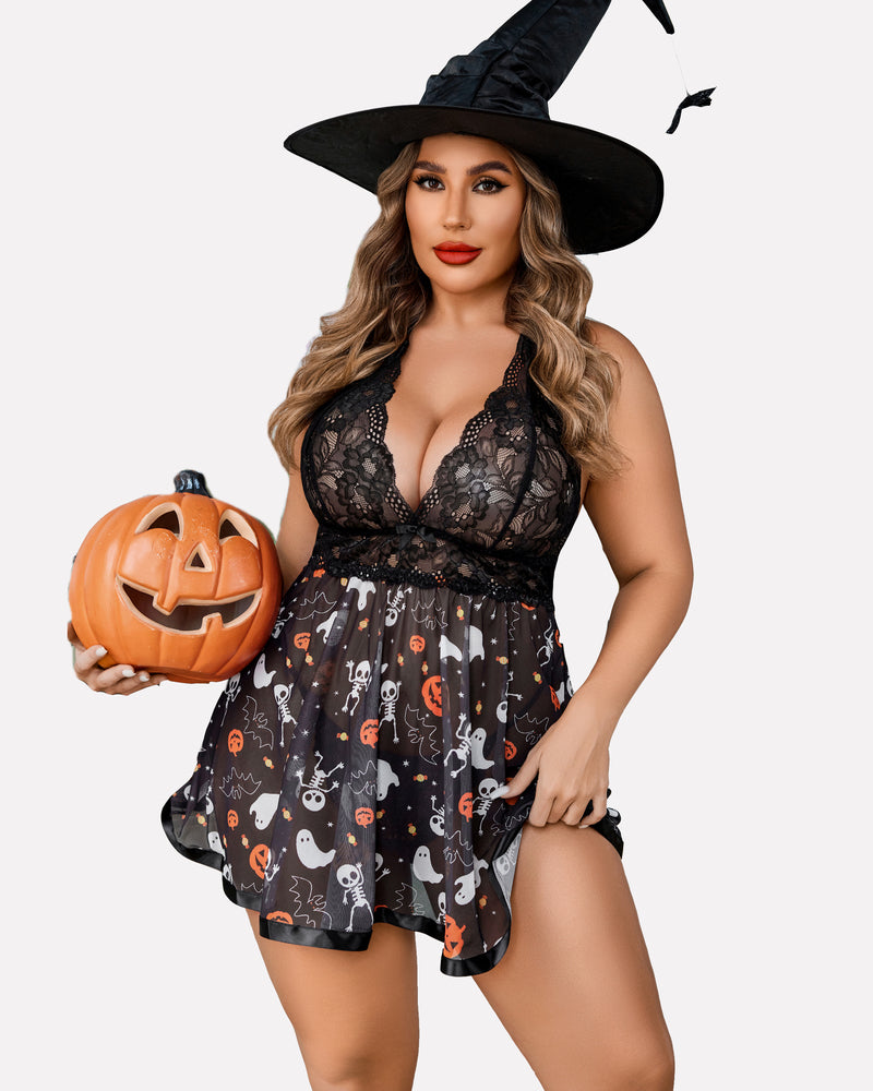 Plus size sheer lace mesh babydoll in black with lace bodice and Halloween print skirt