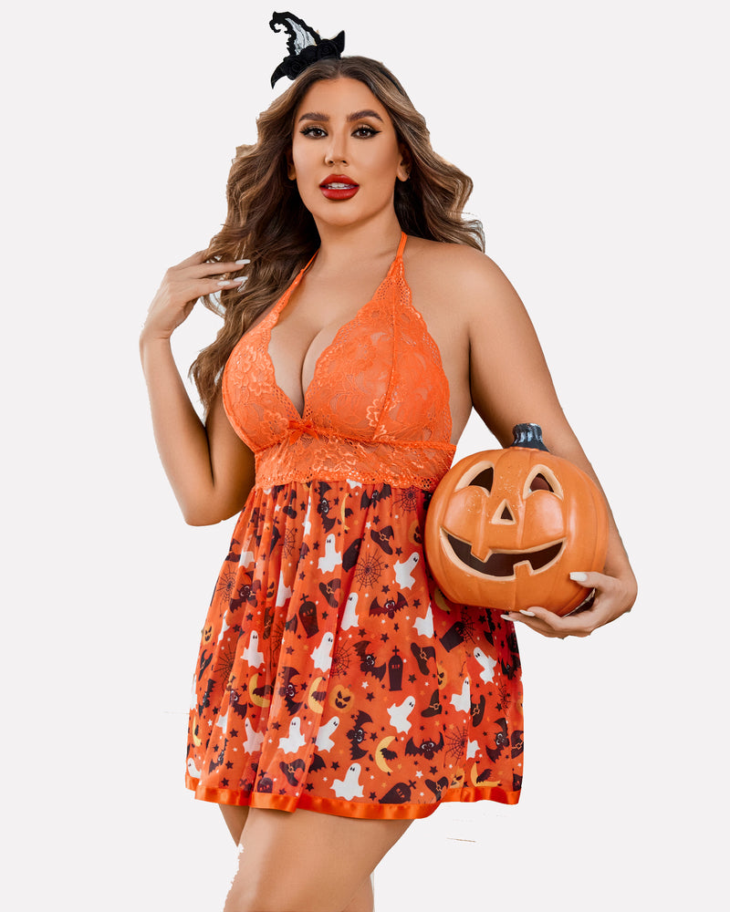Plus size sheer lace mesh babydoll in orange, lace triangle cups with Halloween print mini skirt