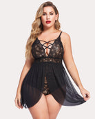 Plus size lace nighty, black sheer babydoll with lace cups and crisscross neckline